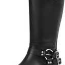 AMINUGAL Black Wide Calf Knee High Boots for Women Square Toe Pull On Chunky Buckle Moto Boots Rivet Vintage Y2K Motorcycle Horse Riding Biker Casual Fashion Festival Renaissance Combat Rave Size 9