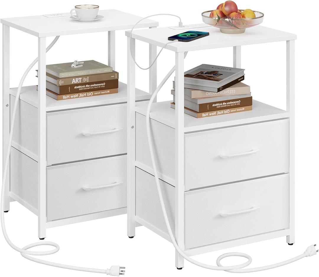 TUTOTAK End Table with Charging Station, Side Table with 2 USB Ports and Outlets, Nightstand with Cloth Drawer, Set of 2, Couch Table, White TB01BW052