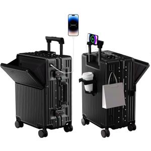 Zipperless Luggage, Polycarbonate Aluminum Hard Shell, Expandable Carry-On Suitcase with Spinner Wheels, Hard Shell Suitcase, 26 Inch Cabin (Black)