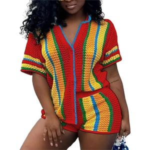HBQ Womens 2 Piece Crochet Outfits Knit Button Down Shirts Hollow Out See Through Color Block Summer Vacation Short Sets-Block-XXL, XX-Large