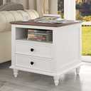 Farmhouse End Table with Charging Station, 23.6" Square Sofa Side Table with Solid Wood Feet & 2 Spacious Drawers, Large Bedside Table Rustic Nightstand for Living Room Bedroom (White)