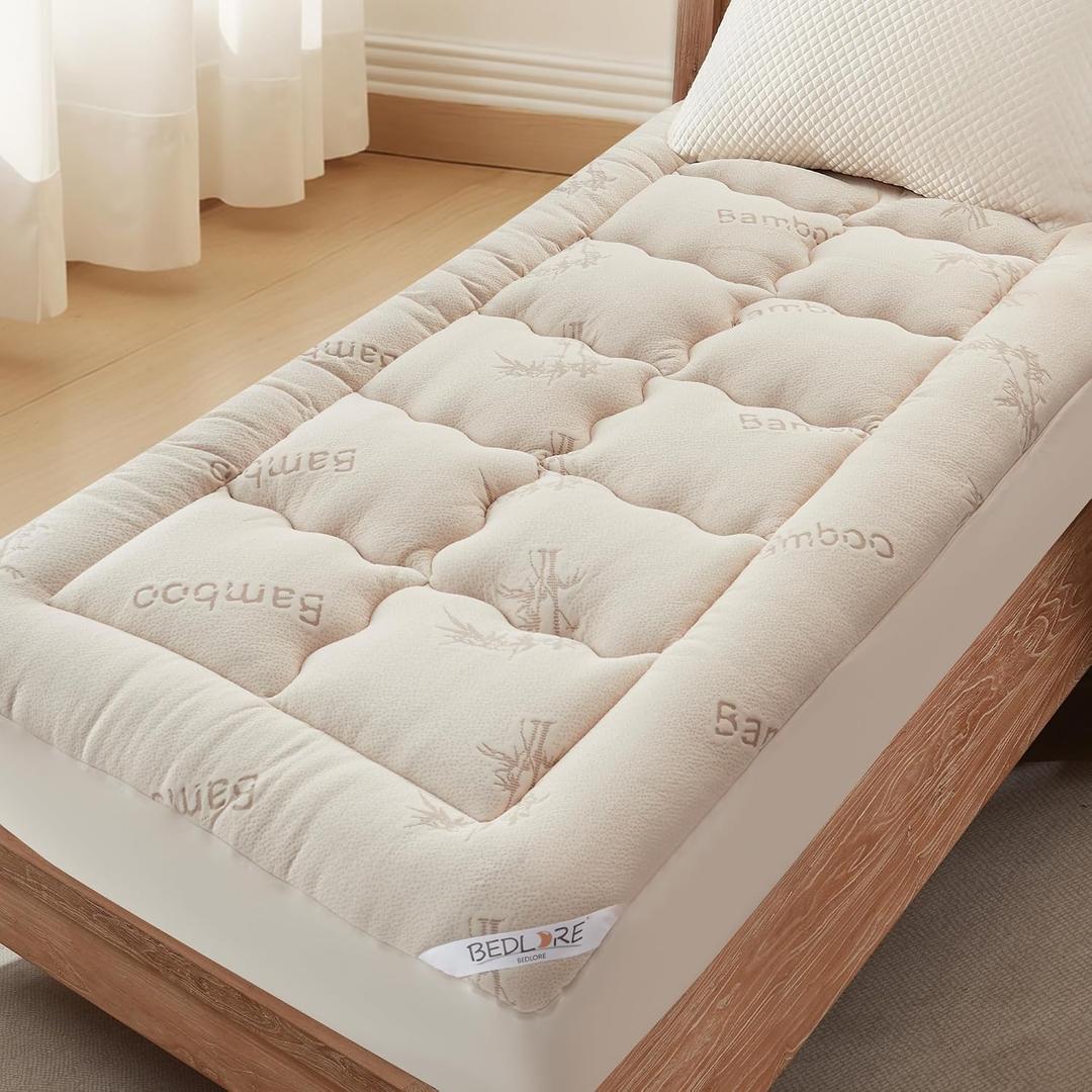 BEDLORE Twin XL Mattress Topper Viscose Derived from Bamboo, Thick Pillow Top Mattress Pad with Deep Pockets for 6-15 inches Mattress, Soft Mattress Topper College Dorm Size for Back Pain(Beige)