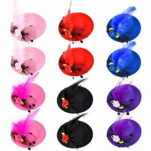 Patelai 12 Pieces Mini Tea Party Hats for Women Clip on Fascinator Hat Hair Clips with Ribbon Flowers Faux Feather Mesh Bow Barrette Hairpin for Girls Toddler Costume Accessory