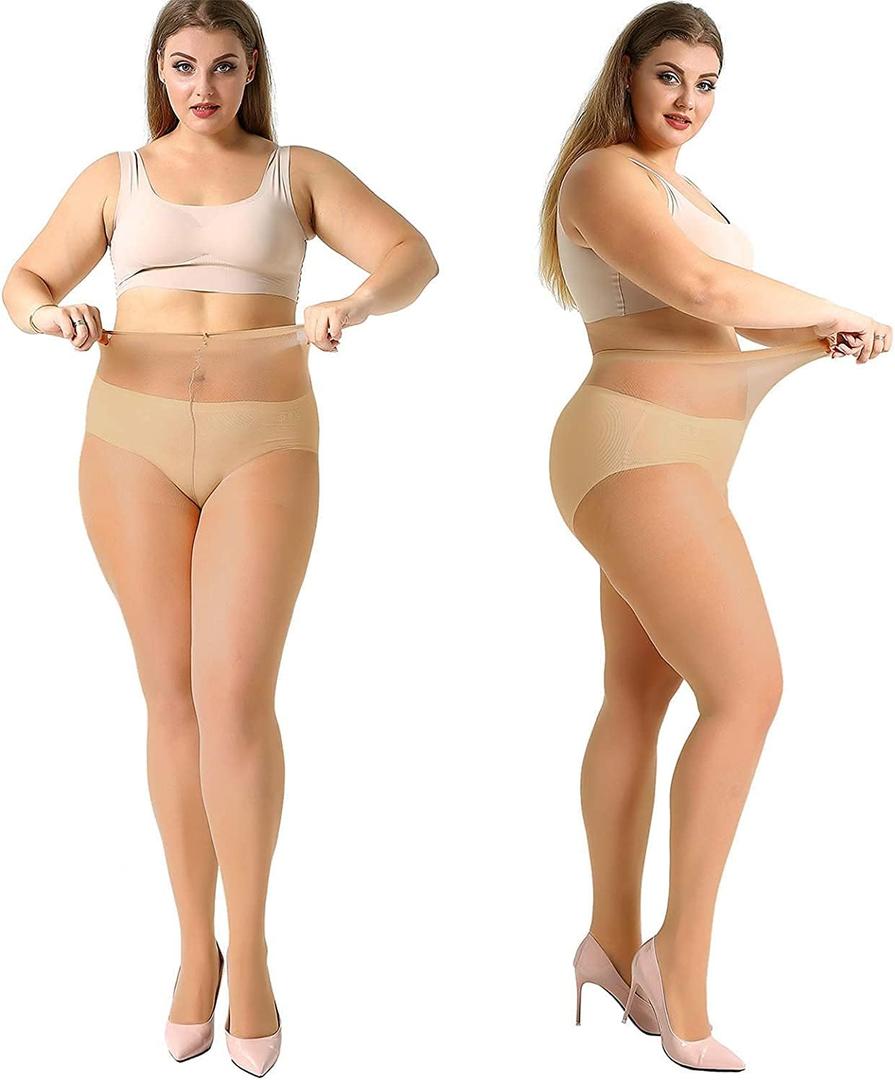 MANZI 4 Pairs Plus Size Pantyhose for Women 20 Denier Sheer Stocking (3X-Large, Natural)