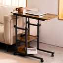 C Shaped End Table Height Adjustable - Couch Side Table with Charging Station, TV Tray with Wheels Slide Under Sofa for Small Spaces, Living Room Bedroom, Rustic Brown