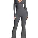 OQQ Women Jumpsuits Long Sleeve Deep V Neck Ruched Flared Jumpsuit Dark Grey, S
