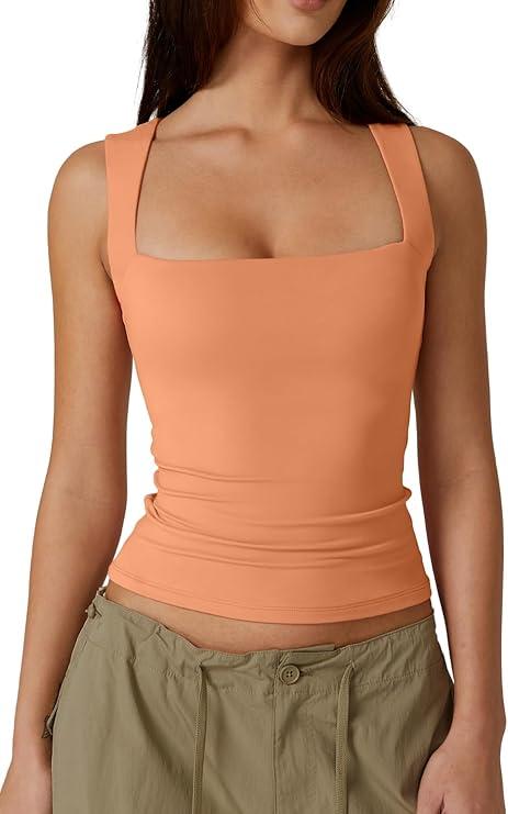 QINSEN Women's Square Neck Sleeveless Double-Layer Tank Tops Basic Tight T Shirts (Amber Yellow)