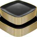 bUCLA 50PCS Black and Gold Plastic Plates - Square Black Gold Plastic Disposable - Include 3 Dinner & 25 Dessert Plates, Ideal for Party & New Year