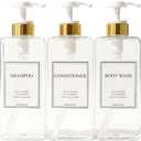 Modern Gold Design 27 oz Shampoo and Conditioner Dispensers - Plastic Refillable Pump Bottle Set for Bathroom Shower Soap Dispenser, Gift Box Included, Set of 3 (Clear & White)