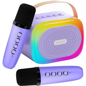 Mini Karaoke Machine for Kids Portable Karaoke Machine with 2 Bluetooth Wireless Microphones and LED Color Lights, Christmas Birthday Gifts Toys for Girls Boys 3-12 +Year Old (Purple)