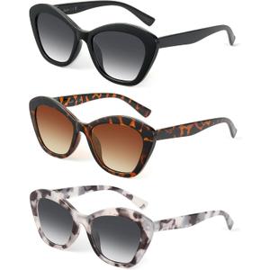 LADEESSE 3 Pack Reader Sunglasses for Women Fashion Cateye Sun Readers Outdoor Reading Glasses UV400 +1.50 Protection