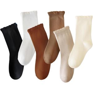 ANYANIME 6 Pack Girls White Dress Scallop Socks for Toddlers and Kids - Cute Cotton (7-9 Years, 6 Pairs Multicolor 2)