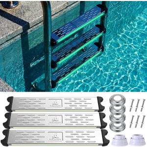 Moxweyeni 3 Pack Stainless Steel Pool Ladder Step Replacement with Bumpers & Escutcheon Plates 18" Swimming Non Slip Ladder Rung Step with Reflective Strips 1.7" Ladders for Inground Aboveground Pool
