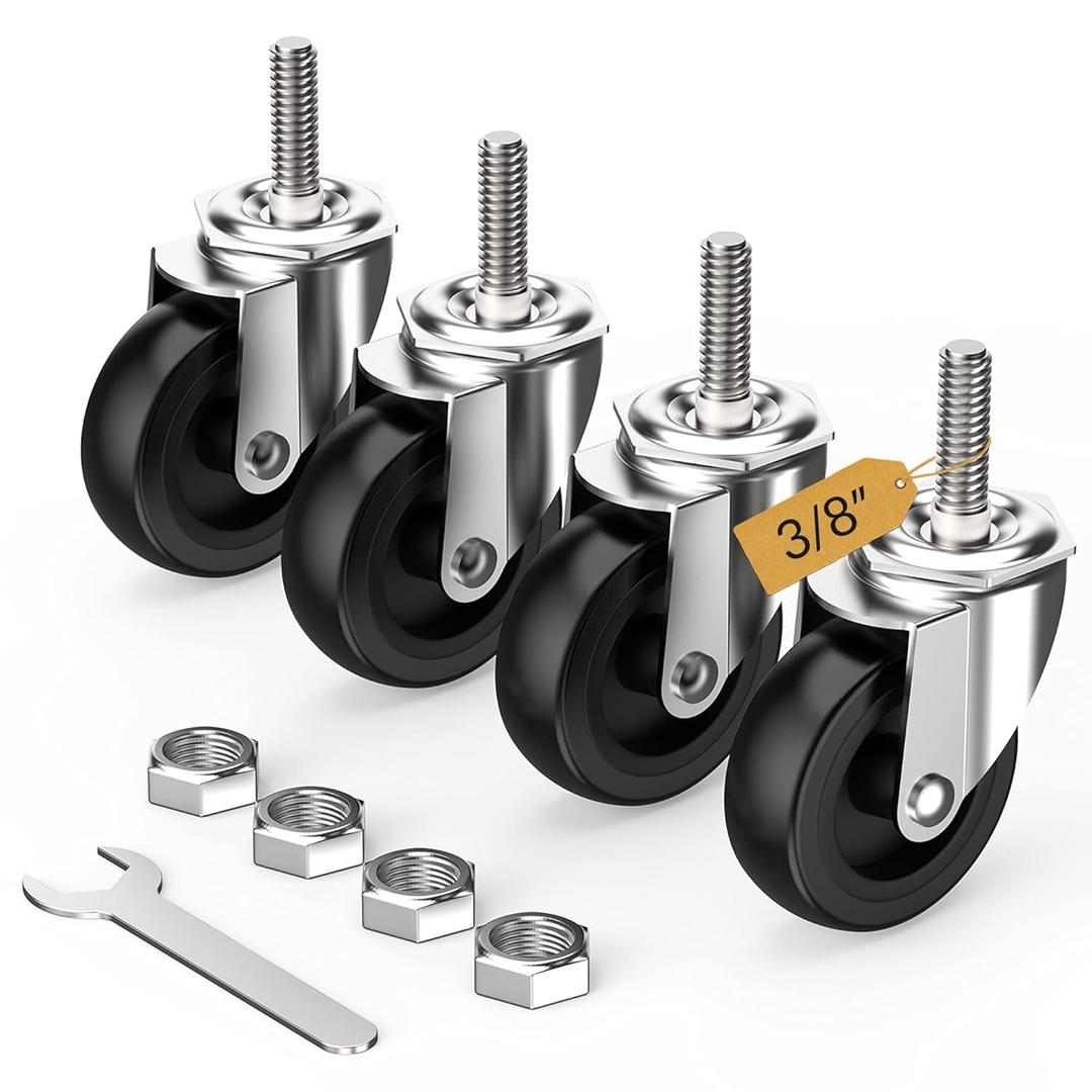 HOLKIE Caster Wheels 3 inch with No Brake Stem Casters, 3/8" -16 x 1-1/2" (Stem Diameter 3/8", Stem Length 1-1/2") Threaded Swivel Casters Set of 4 Heavy Duty Castors Black