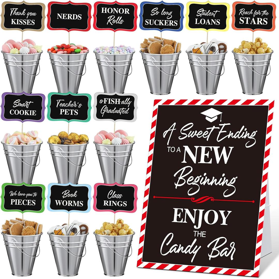 25 Pcs Graduation Candy Buffet Party Decoration Graduation Table Candy Bar Snack Labels Signs and 5'' Buckets with Handle for Class of 2026 High School College(Pure Style,Silver Color)