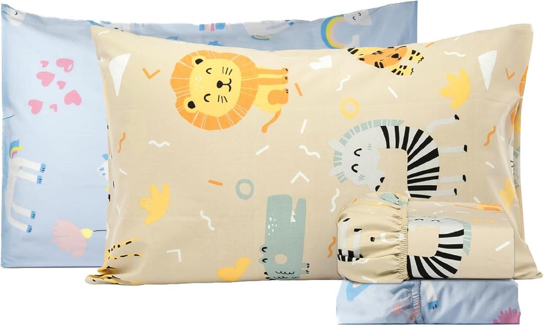Salt Earth 100% Cotton 210TC Kids Bedsheet, Twin Sheet Set, Toddler Bed, 4-Piece Set  2 Fitted Sheets & 2 Pillowcases, Themed Toddler Bed Sheets, Cute Kids Bedding (Summerland/Unicorn)