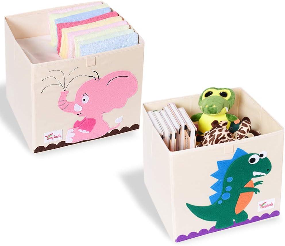 2 Pcs Foldable Animal Toy Storage Box/Bin/Cube, Collapsible Storage Organizer Chest Basket Container for Boys and Girls(13 x 13 x 13 Inch, Dinosaur & Pink Elephant)