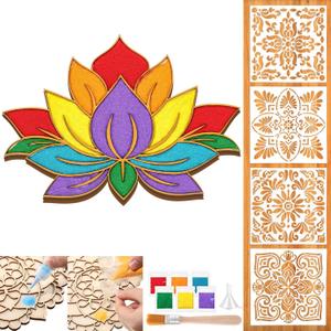 Weekgrat 11.8 Inch Diwali Rangoli Mats Mandala Sand Art Set Include 4 Pcs 6" Painting Stencils Wooden Coloring Mat Stencils for Diwali Rangoli Festivals Home Decor(Gold, Lotus)