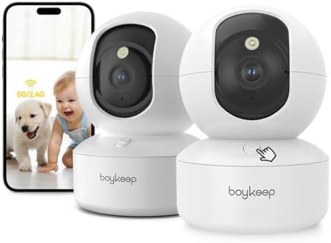 BoyKeep 2K Pet Camera, Indoor Security Camera, 5G/2.4GHz WiFi Cameras for Baby Dog with Phone App, 360° Pan & Tilt, 2-Way Audio, Color Night Vision, New Version w/Cloud Storage (White-2 Pack)