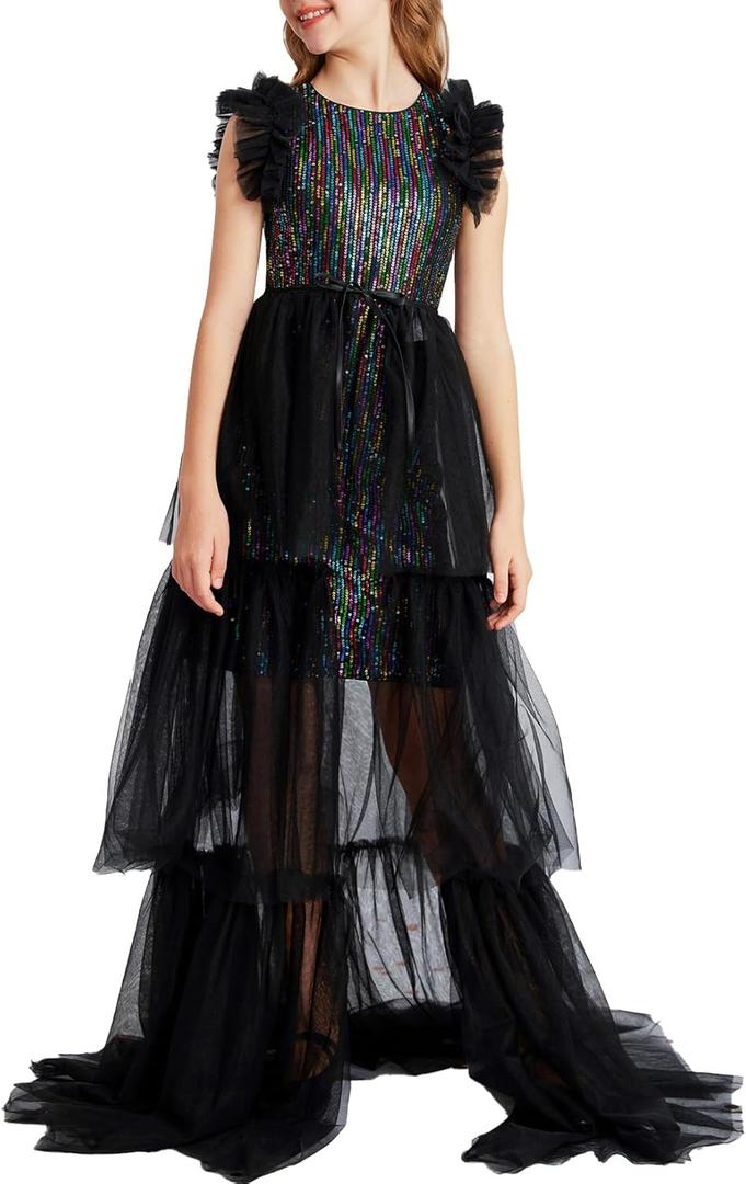 GRACE KARIN Girls Sequin Dress Formal Pageant Sparkle Party Ruffle Prom Maxi Dress Size 5-14Y (10-12 Years, Black Multicolor)