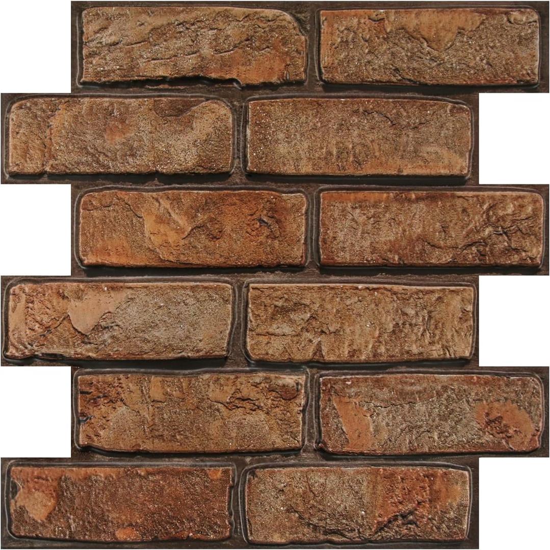 COMSTICKC 3D Reddish Brown Brick Wall Panels Peel and Stick Wall Covering,10 Pcs of 12"X12", Not Real Brick, Small Size Thin PVC Fake Brick Backsplash for DIY Wall Upgrades Indoor