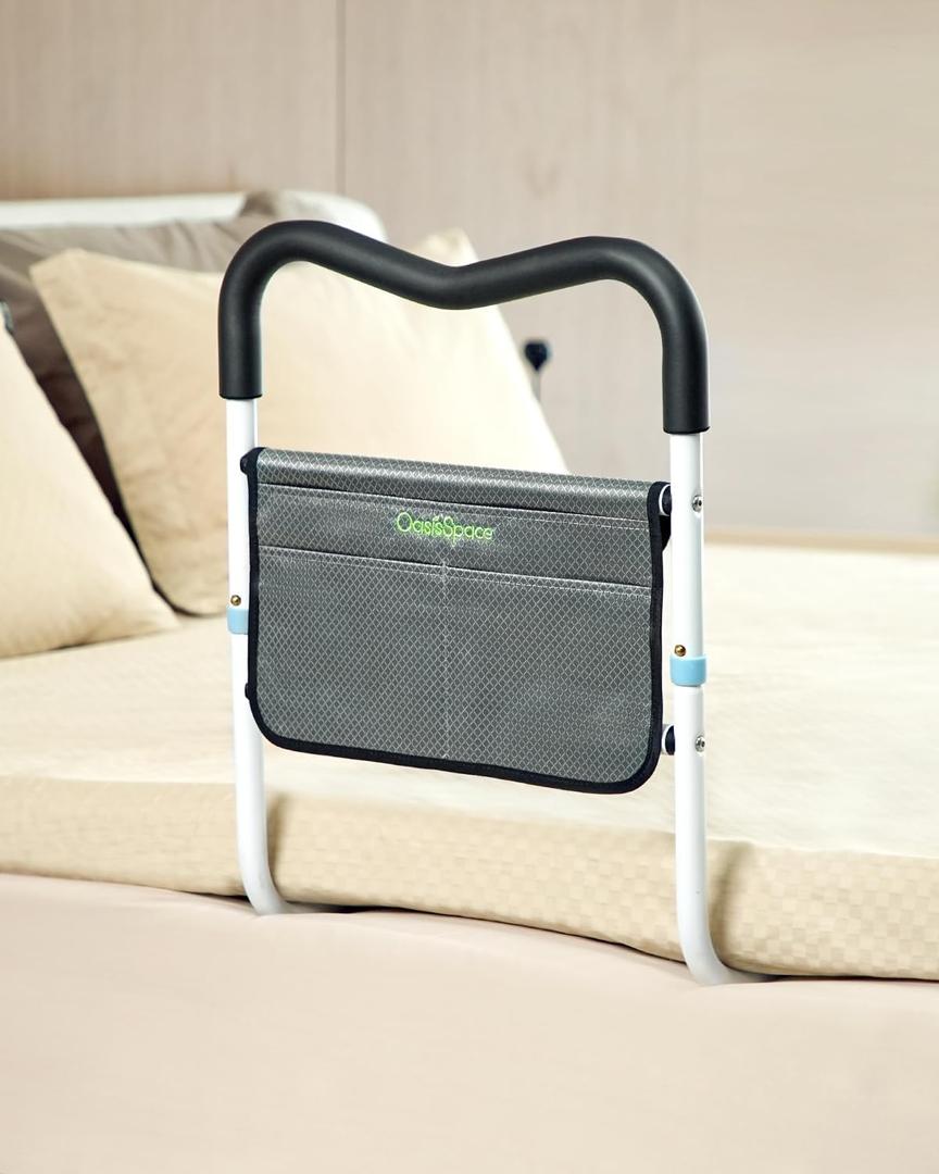 OasisSpace Bed Rail for Seniors, Medical Bed Assist Bar with Storage Pocket and Fall Prevention Safety Hand Guard Grab Bar for Elderly, Handicap- Fit King, Queen, Full, Twin