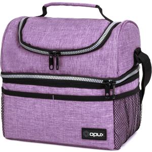 OPUX Lunch Box For Women, Insulated Large Lunch Bag Adult Work, Double Decker Lunchbox Meal Prep, Dual Compartment Leakproof Lunch Cooler, Soft Lunch Pail Tote for Girls Kids School (Purple 16 Cans)