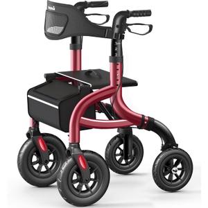 Walkers for Seniors, Rollator Walker with Seat and Backrest, 10" Big Wheels All Terrain, Rolling Walker Foldable Supports 350lb, Lightweight & Height Adjustable, Cane & Cup Holder, Burgundy