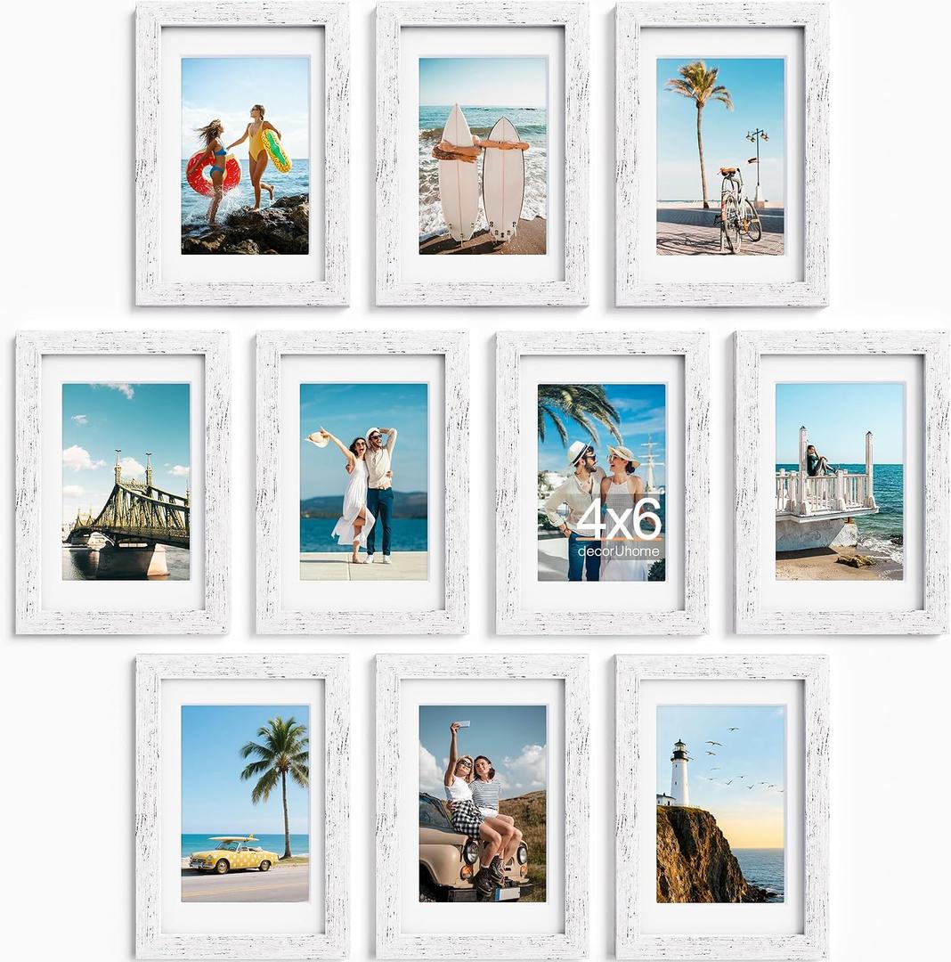 DecorUhome 4x6 Picture Frame Set of 10, Display Photos 3.5x5 with Mat or 4x6 Unmatted for Picture Frames Collage Wall Decor, Distressed White