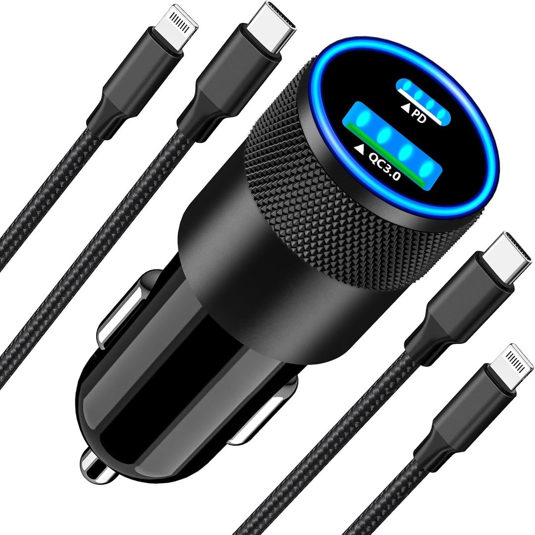 [Apple MFi Certified] iPhone Fast Car Charger, Rombica 52.5W USB-C PD&QC3.0 Car Power Cigarette Lighter USB Charger Adapter with 2Pack Lightning Braided Cable for iPhone 14 13 12 11 XS XR X 8 SE iPad