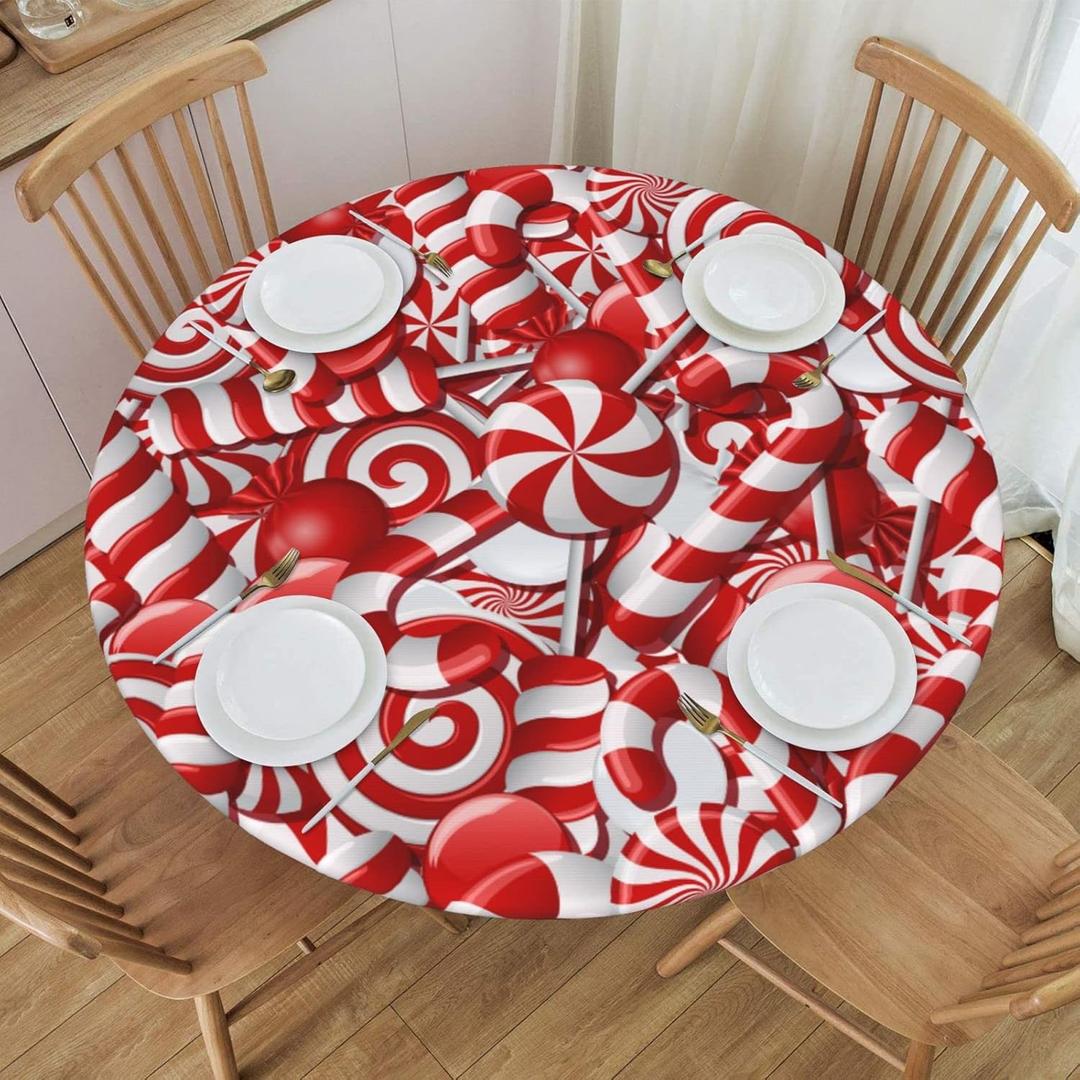 Swirl Candy Christmas Round Tablecloth Elastic Fitted Table Cover Washable Elastic Edge Tablecloths for Kitchen Dining Party Fitted Table 40-44 inch
