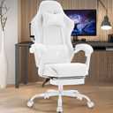 White Gaming Chair,Computer Office Chair with Footrest,Massage Lumbar Support and Gel Pad,Ergonomic Reclining Adjustable Leather Gamer Chair with Headrest and Spring Cushion White, 27.5 inches x 27.5 inches x 47 inches