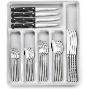 49-Piece Hammered Silverware Set with Organizer, Heavy Duty Stainless Steel Flatware for 8, Cutlery Utensil Sets with Steak Knives, Rust-proof, Mirror Polished, Dishwasher Safe