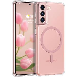 Rayboen for Samsung Galaxy S21 Case, Compatible with Magsafe, Classic Crystal Clear Slim Shockproof Protective Phone Cover for Samsung S21 5G with Transparent Hard PC Back, Pink Magnetic Ring