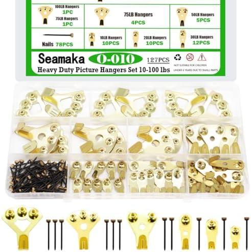 Seamaka 127PCS Picture Hangers,Heavy Duty Picture Hanging Hardware with Nails,Decorative Picture Hanging Kit Holds 10-100 lbs on Wooden/Drywall for Pictures,Clock,Mirror,House Decoration, 3 Boxes