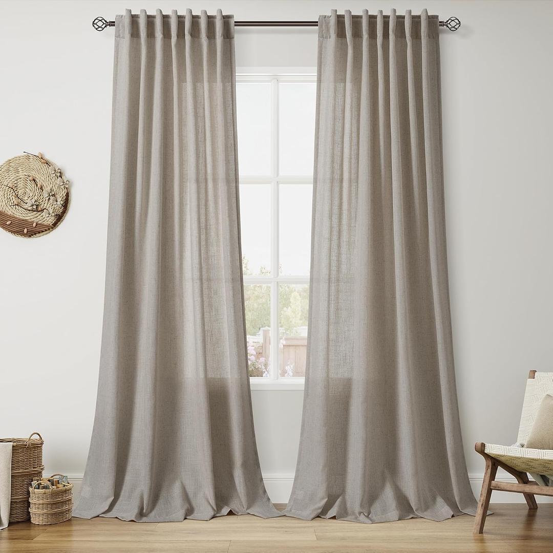 Nanspring Grey Beige Curtains 90 Inches Long for Living Room Linen Light Filtering Semi Sheer Curtain Back Tab Rod Pocket Simple Modern Neutral Elegant Boho Gray Drapes for Bedroom 52x90, 2 Panels