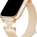 TJCENXIN Slim Metal Milanese Loop for Apple Watch Bands for Women 42/ 44/ 45/ 46/ 49mm, Bow-Shaped Diamond Stainless Steel Mesh Magnetic Strap for iWatch Series 11 10 9 8 7 6 5 4 3 2 1 SE Ultra, Rose Gold