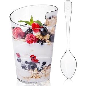 Fasmov 100 Pack 2 Oz Mini Dessert Cups with 100 Spoons, Clear Plastic Parfait Appetizer Cup for Tasting Party Desserts Appetizers