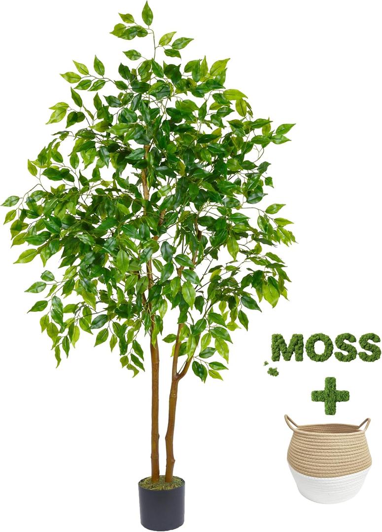 Warmplants Artificial Ficus Tree, 5ft Tall Fake Ficus Tree with Basket, Faux Plant for Indoor Outdoor Home Livingroom Office Garden Porch Dcor