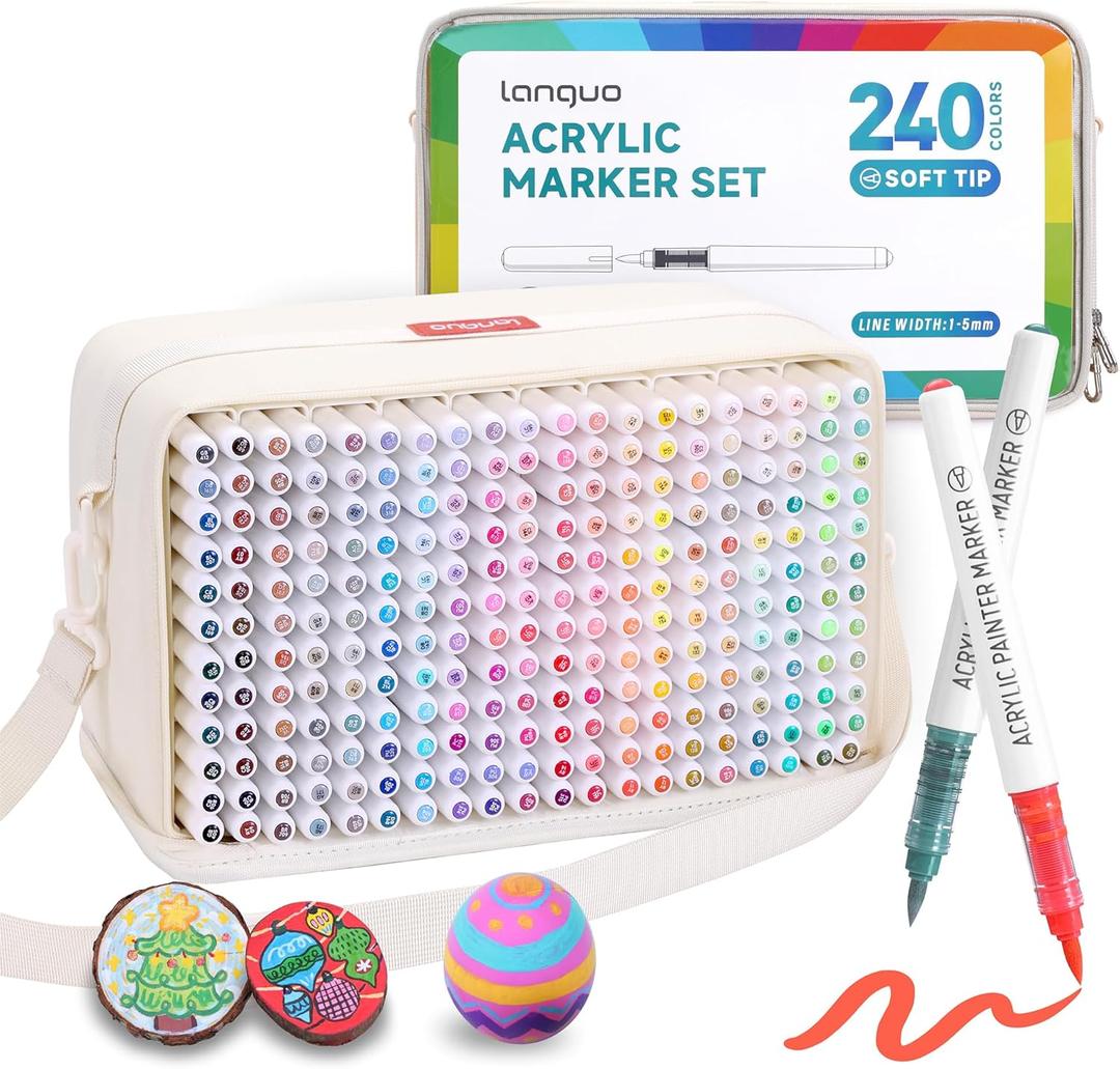 languo 240 Colors Acrylic Paint Markers, Soft Brush Tip Marker Pens Set with Marker Bag, Acrylic Paint Pens for Fabric, Wood, Stone, Canvas, Glass, Egg, Rock Painting, DIY Crafts and Art Supplies