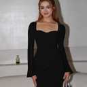 YMDUCH Women's Sexy Long Sleeve Sweetheart Neck Back Slit Bodycon Party Tight Midi Pencil Dress (Medium, Black)