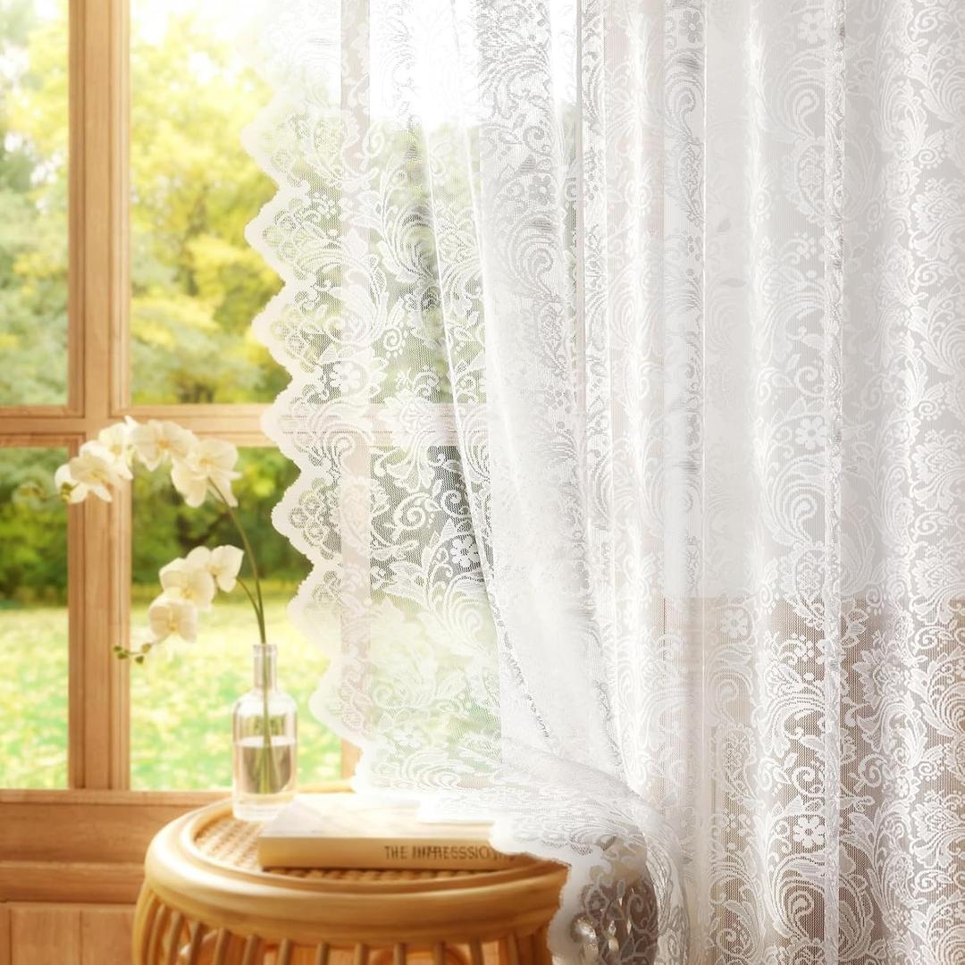 Rinwoc Vintage Lace Sheer Curtains 84" 2 Panels White, Elegant Floral Soft Fabric, Scalloped Edge, Easy Install Rod Pocket Drapes for Bedroom Living Room & French Door 52W x 84L