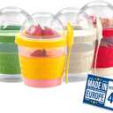 Crystalia Yogurt Parfait Cups with Lids, Mini Breakfast On the Go Plastic Bowls with Topping Cereal Oatmeal Container with Spoon for Lunch, Portable & Reusable, Colorful Set of 4 (Small 17 oz)