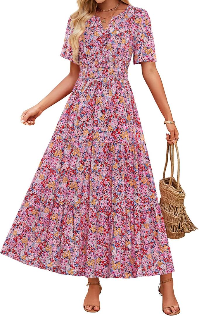 ZESICA Women's 2026 Summer Spring Floral Boho Maxi Dresses Casual Short Sleeve V Neck A Line Flowy Beach Vacation Dress (Pink)