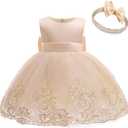 CMMCHAAH 0-6T Baby Girls Pageant Lace Embroidery Dresses Toddler Party Bowknot Tutu Gown Dress with Headwear (6-12 Months, Champagne)