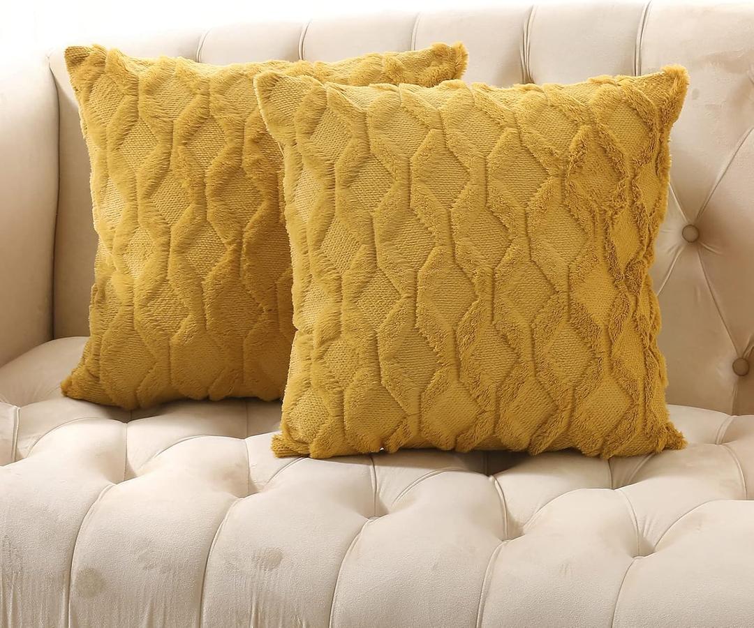 Volcanics Pack of 2 Faux Wool Throw Pillow Covers 20x20 Inches Decorative Farmhouse Velvet Couch Pillow Case Soft Plush Square Boho Cushion Pillowcase, Yellow