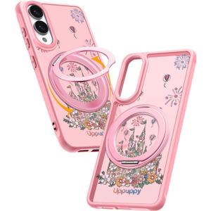 Uppuppy for Samsung Galaxy S25 Edge Case - Compatible with MagSafe for Women Girls Bulit-in 360 Rotatable Magnetic Ring Holder Kickstand Cute Aesthetic Pink Castle Design for Samsung S25 Edge