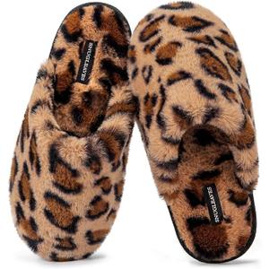 Snug Leaves Women's Fuzzy Scuff Slippers Soft Comfy Memory Foam Non-slip Indoor House Shoes (Cheetah Pink, Size 9-10)
