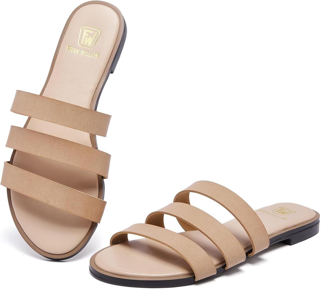 Women's Flat Sandals Dressy Open Toe Round Toe Slide Sandals Comfortable Casual Beach Slip on Slippers for Summer