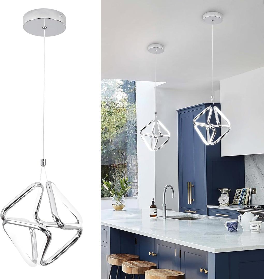 Modern Pendant Light Fixtures,6000K Cool White Chrome Led Pendant Lights for Kitchen Island,Adjustable Kitchen Island Hanging Light Fixture for Dining Room Bedroom Sink, 1 Pack